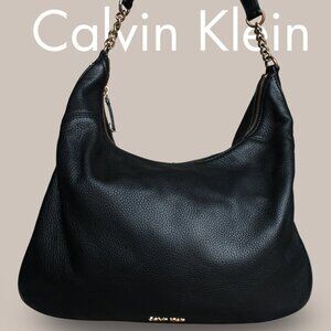 Calvin Klein Black Pebbled Leather Hobo Shoulder Bag Gold Chain Strap